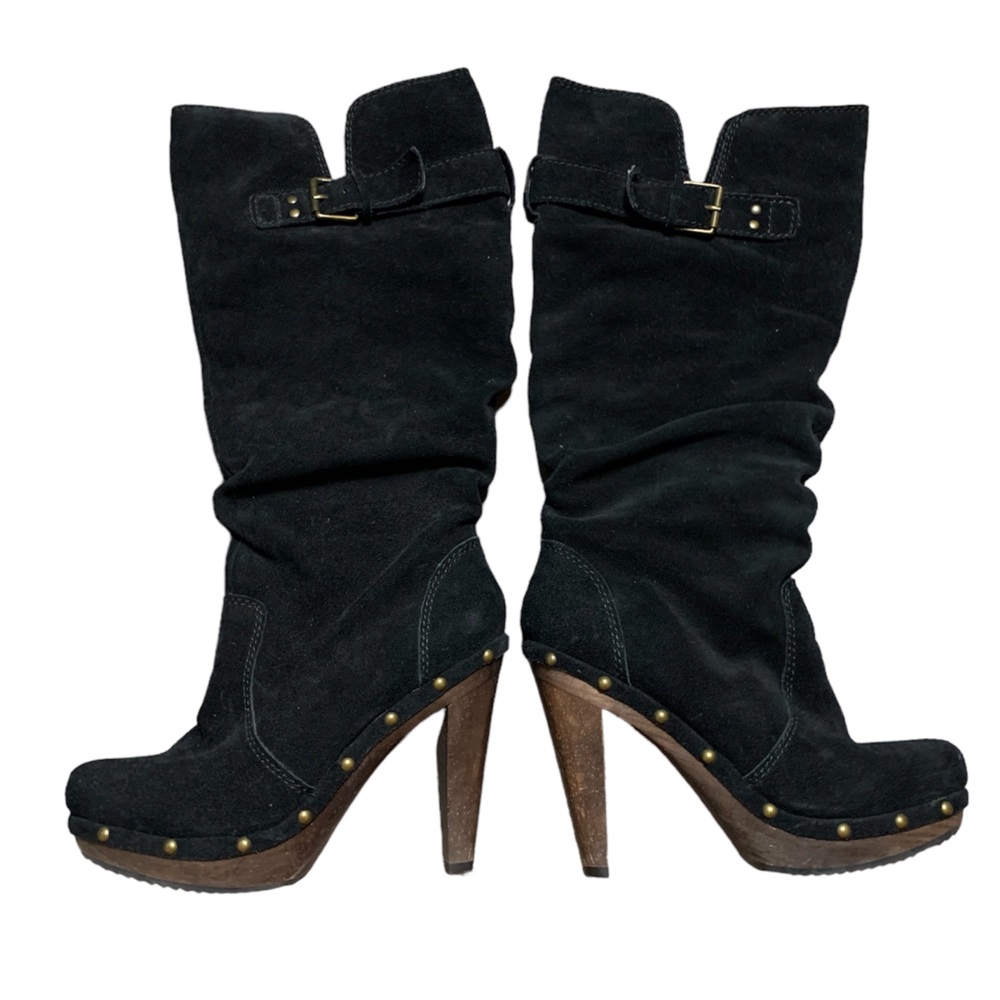 Steve Madden Luxe Yea Black Suede Studded Clog Slouch Boots Wood Heel 7